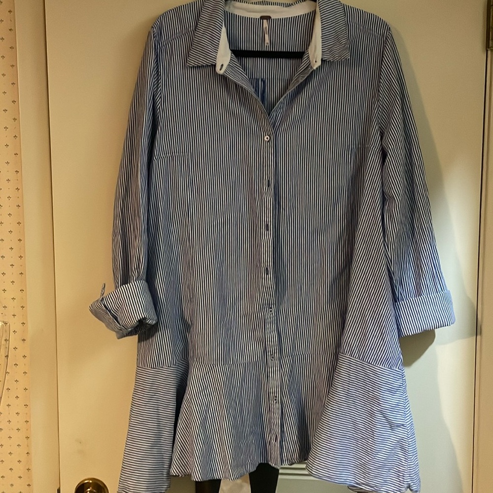Blue and white striped shirt-dress